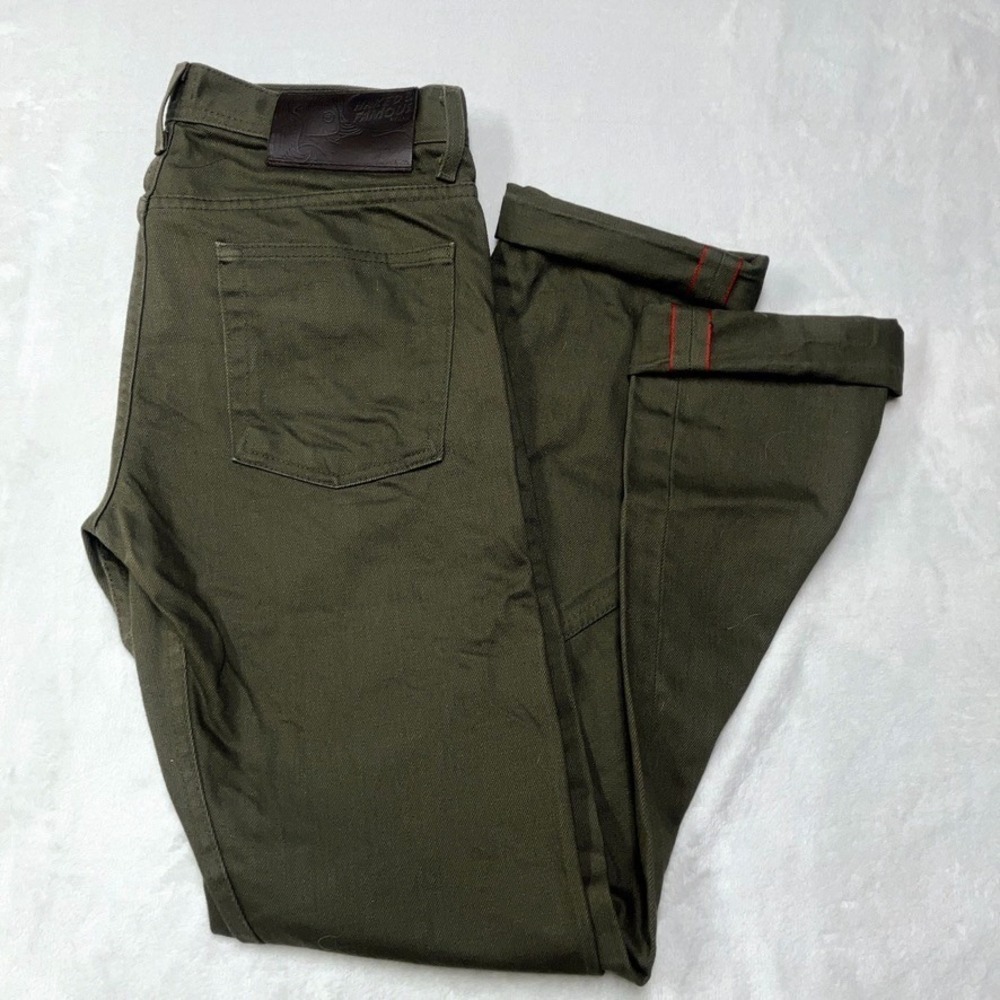 Naked & Famous Denim Olive Green Slim Jeans with Selvedge Detail
